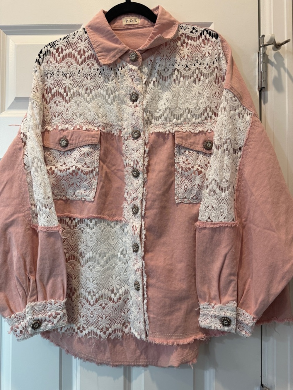 POL Dusty Pink Lace-Panel Jean Jacket
